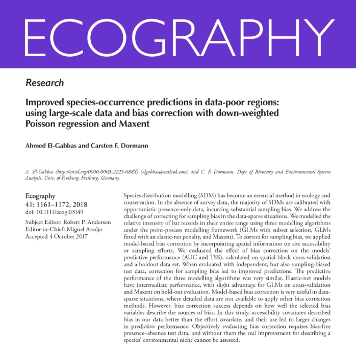Improved species-occurrence predictions in data-poor regions: using large-scale data and bias correction with down-weighted Poisson regression and Maxent