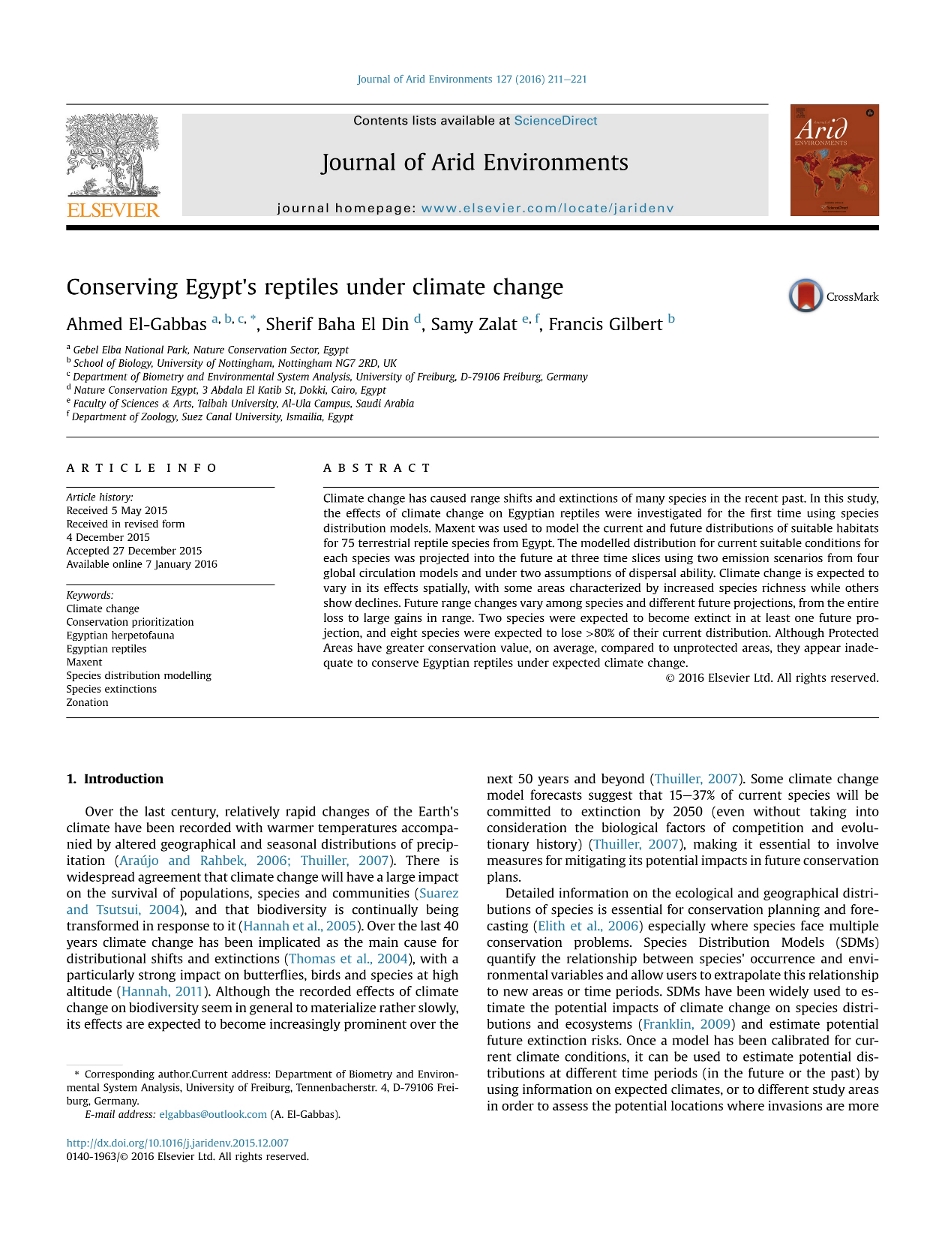 Ahmed El-Gabbas, Sherif Baha El Din, Samy Zalat, Francis Gilbert - 2016 - Conserving Egypt's reptiles under climate change - species distribution modelling - zonation - Maxent