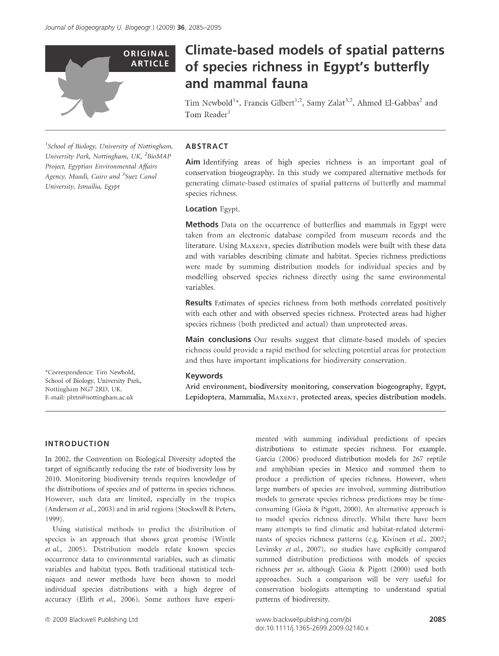 Tim Newbold, Francis Gilbert, Samy Zalat, Ahmed El-Gabbas, Tom Reader - 2009 - Climate-based models of spatial patterns of species richness in Egypt’s butterfly and mammal fauna - species distribution models - Maxent