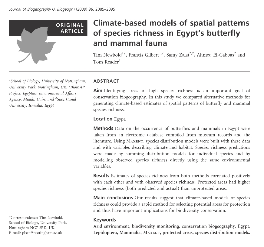 Tim Newbold, Francis Gilbert, Samy Zalat, Ahmed El-Gabbas, Tom Reader - 2009 - Climate-based models of spatial patterns of species richness in Egypt’s butterfly and mammal fauna - species distribution models - Maxent