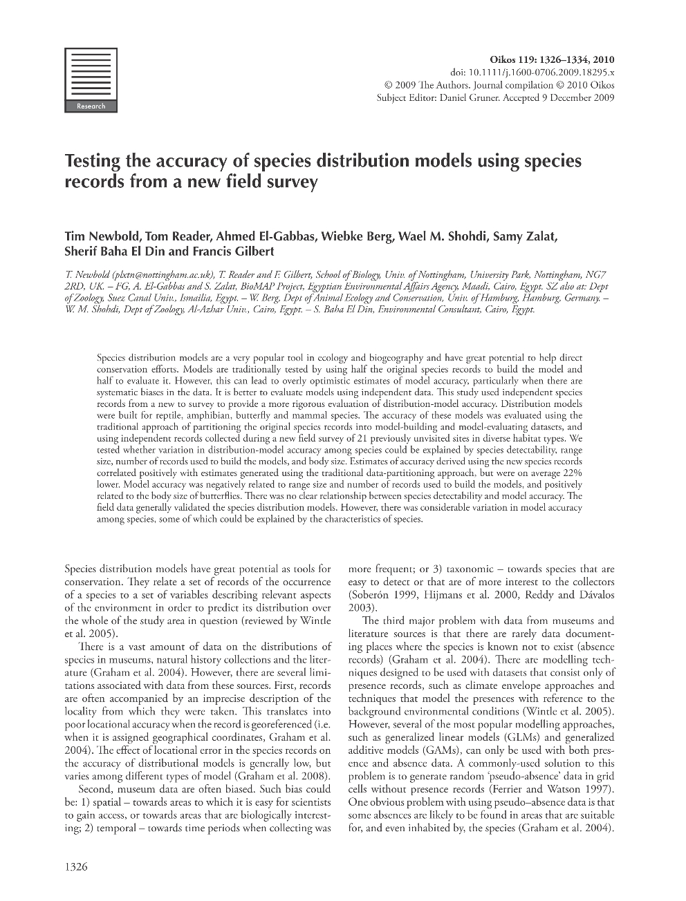 Tim Newbold, Tom Reader, Ahmed El-Gabbas, Wiebke Berg, Wael M Shohdi, Samy Zalat, Sherif Baha El Din, Francis Gilbert - 2010 - Testing the accuracy of species distribution models using species records from a new field survey - species distribution modelling - Maxent