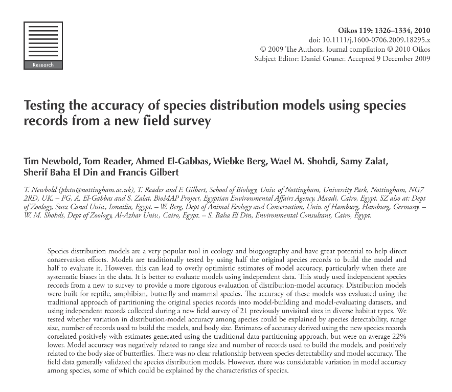 Tim Newbold, Tom Reader, Ahmed El-Gabbas, Wiebke Berg, Wael M Shohdi, Samy Zalat, Sherif Baha El Din, Francis Gilbert - 2010 - Testing the accuracy of species distribution models using species records from a new field survey - species distribution modelling - Maxent