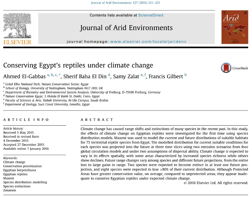 Ahmed El-Gabbas, Sherif Baha El Din, Samy Zalat, Francis Gilbert - 2016 - Conserving Egypt's reptiles under climate change - species distribution modelling - zonation - Maxent