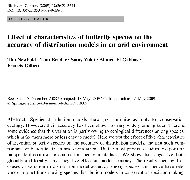 Tim Newbold, Tom Reader, Samy Zalat, Ahmed El-Gabbas, Francis Gilbert - 2009 - Effect of characteristics of butterfly species on the accuracy of distribution models in an arid environment - species distribution models - Maxent